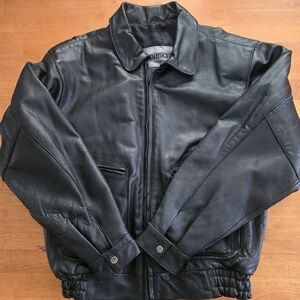 Unik Jet Black Leather Bomber Jacket Mens XL